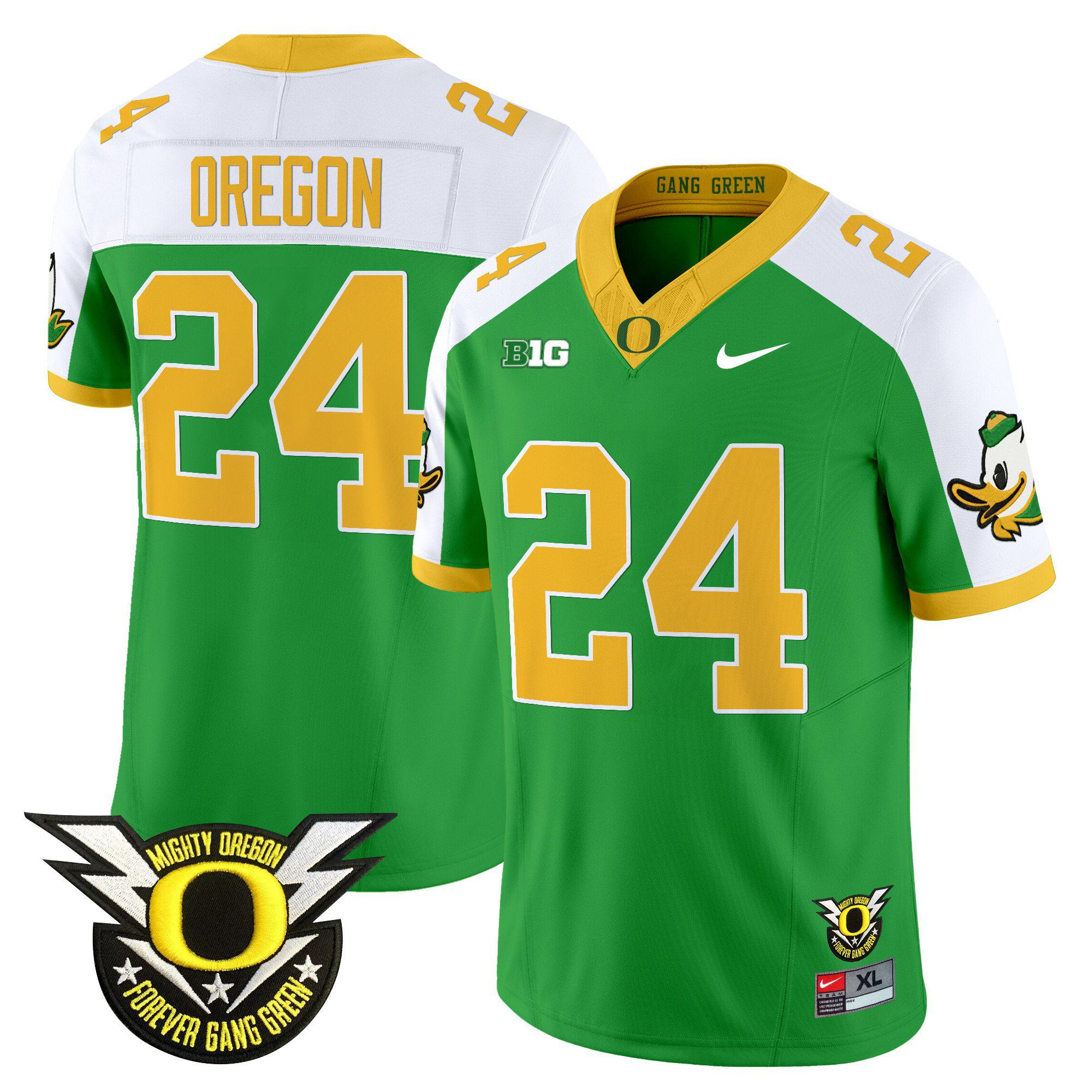 Men Oregon Ducks #24 Oregon Green 2024 Nike Forever Gang Green & BIG Patch Vapor Limited NCAA Jersey style 1